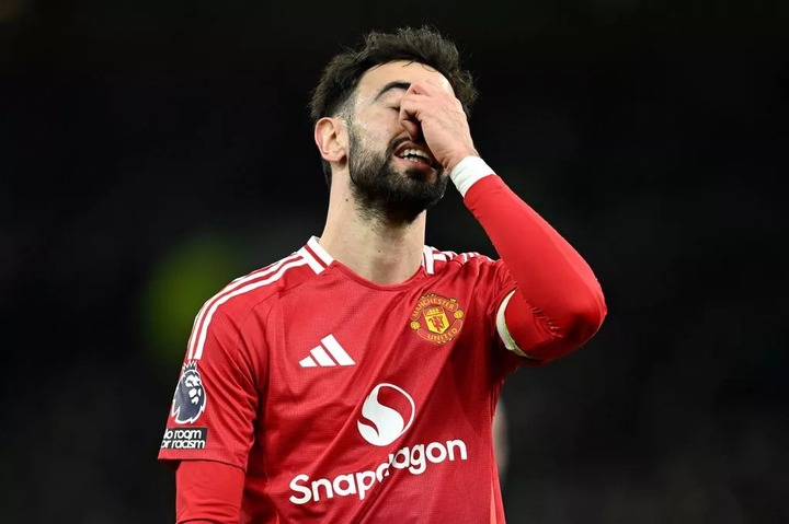 Bruno Fernandes looks dejected during the Premier League match between Tottenham Hotspur FC and Manchester United FC