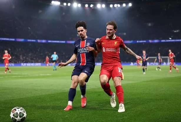 Alexis Mac Allister of Liverpool battles with Joao Neves of PSG during the UEFA Champions League 2024/25 UEFA Champions League 2024/25 Round of 16 first leg match between Paris Saint-Germain and Liverpool FC at Parc des Princes on March 05, 2025 in Paris, France.