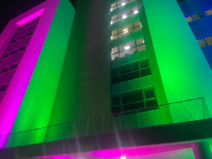 Ministry of Health building decorated with the colours of rare disease