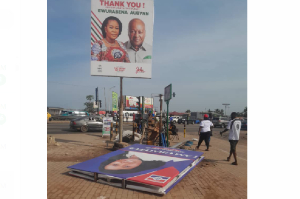 Rains destroy billboard featuring banner of NPP's Nana Akua Afriyie