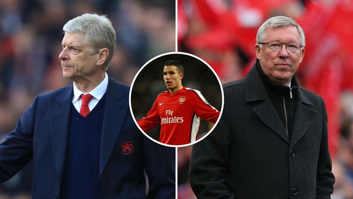 Split image of Sir Alex Ferguson prior to a Barclays Premier League match and Arsene Wenger during a Premier League match with an inset of Robin Va...