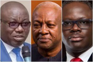 (L-R) MP Isaac Adongo, President John Dramani Mahama and Samson Lardy Anyenini