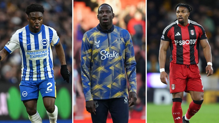 Tariq Lamptey (left) playing for Brighton & Hove Albion, Abdoulaye Doucoure (centre) warming up for Everton and Adama Traore (right) on the pitch f...