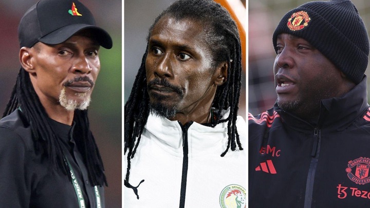 A triptych containing three vertical panels showing Rigobert Song, Aliou Cisse and Benni McCarthy all in coaching roles, with Song in black shirt and cap, Cisse in white Senegal zip-up tracksuit top, and McCarthy in black and red Manchester United training gear including a beanie hat.