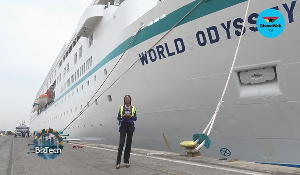 GhanaWeb's Ernestina Serwaa Asante in a pose by MV World Odyssey cruise ship